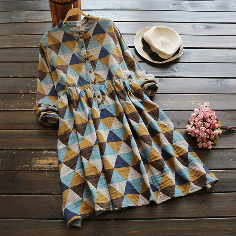 

Spring Autumn Vintage Dress Women Clothing Geometric Print Literary Stand Collar Long Sleeved Cotton Button Retro Dresses U451