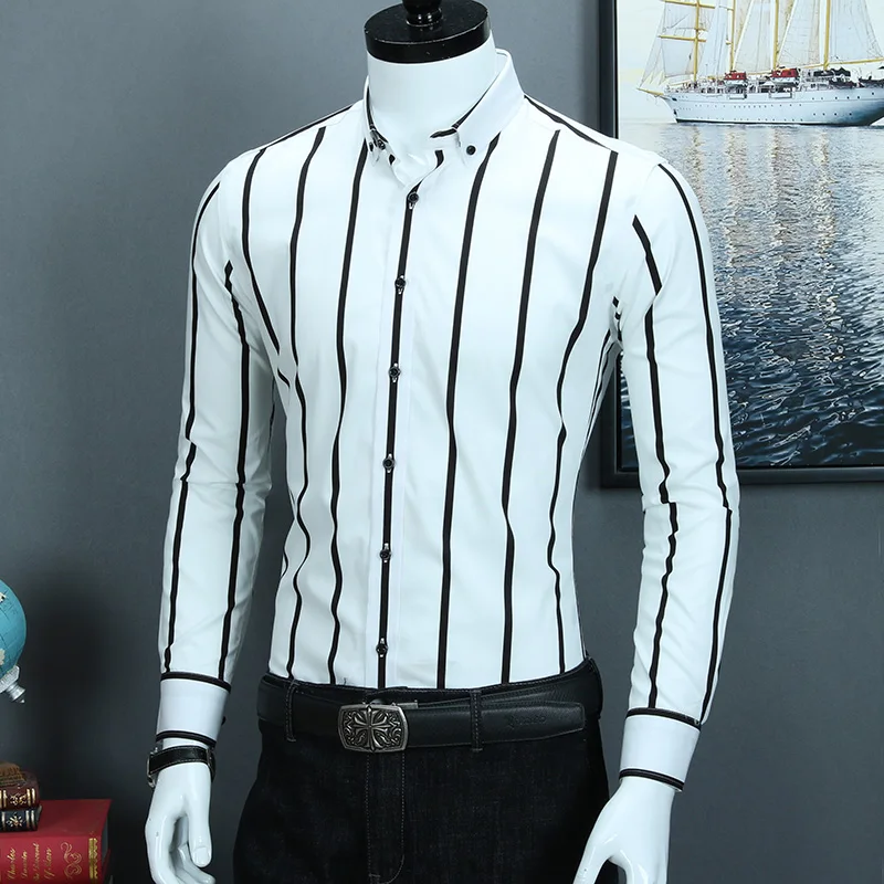 Men's Contrast Black/white Wide Striped Dress Shirts Comfortable Cotton