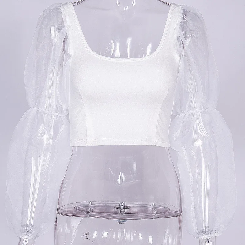 Women Puff Sleeve Top 2019 Summer Sexy U-Neck Mesh Spliced Blouses Ladies Casual Vintage Slim Shirt Transparent Sleeve Crop Top