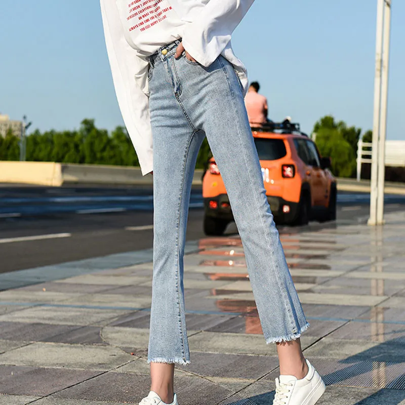 Women Spring Elastic Denim Pocket Button Casual Boot Cut Pant Jeans Female High Waist Flare Jeans Ankle Length Skinny Pants 2022 denim jacket for women Jeans