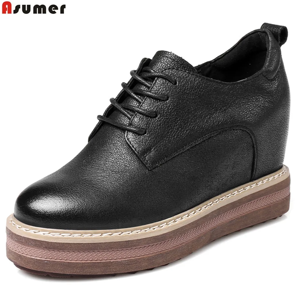 

Asumer black fashion spring autumn ladies pumps round toe platform increased internal women genuine leather high heels shoes