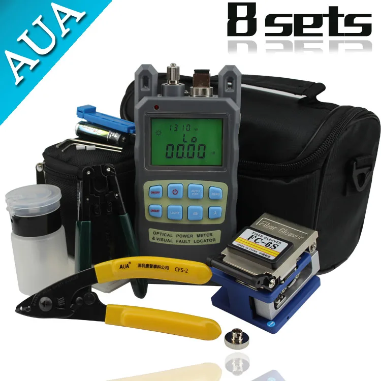 

8 In 1 Fiber Optic FTTH Tool Kit with Fiber Cleaver and 2 in 1 Optical Power Meter visual falut locator 5km