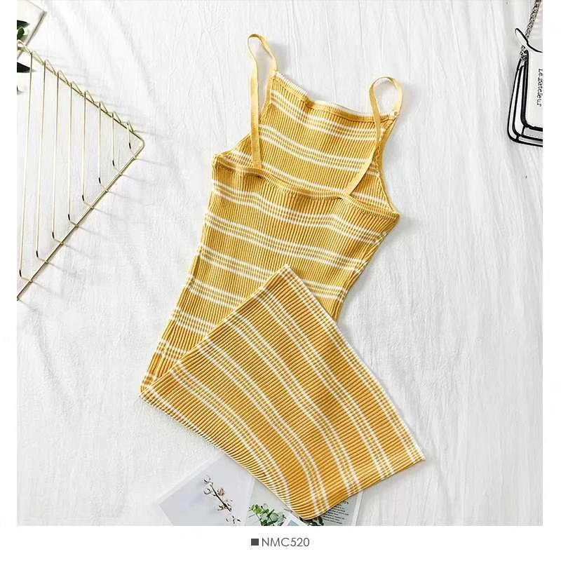 

New Women Spaghetti Strap Dresses Sexy Square Collar Knitted Striped Dress Female Sleeveless Bodycon Tank Dress Vestidos