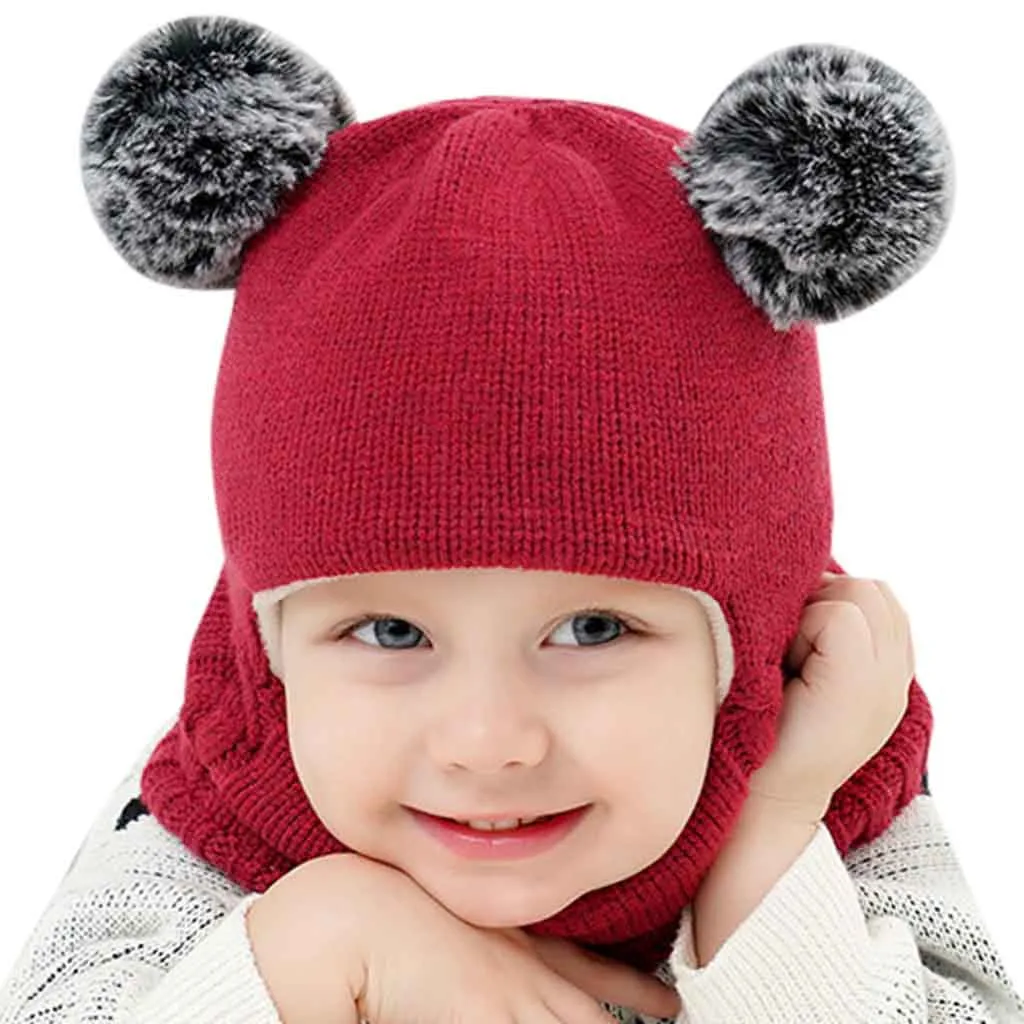 Детские зимние шапки с ушками для девочек и мальчиков; теплые шапки; комплект с шарфом; Детские шапки; шарфы; Enfant; милая вязаная шапка для девочек и мальчиков; шапочки - Цвет: Wine