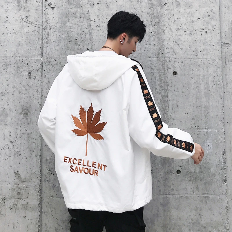 Maple Leaf Embroidery Jackets Men Hip Hop Hooded Coat 2019 Spring Mens Streetwear Embroidered Jackets for Male Q0342