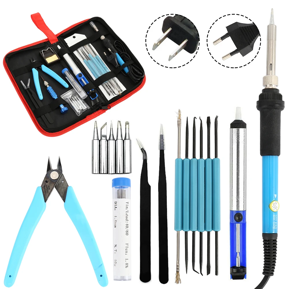 

EU/US 60W Thermoregulator Soldering Iron Kit Screwdriver Desoldering Pump Tin Wire Pliers Welding Tools Storage Bag