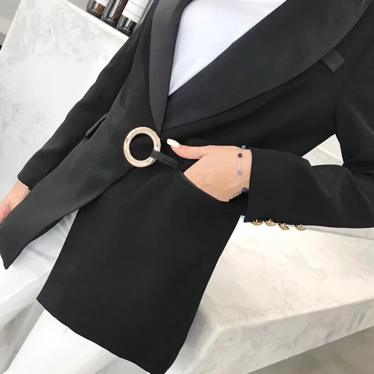 Spring 2019 The New European and American Style Ring Buckle Black Suit OL Commuter Style Professional Black Jacket Suit Women