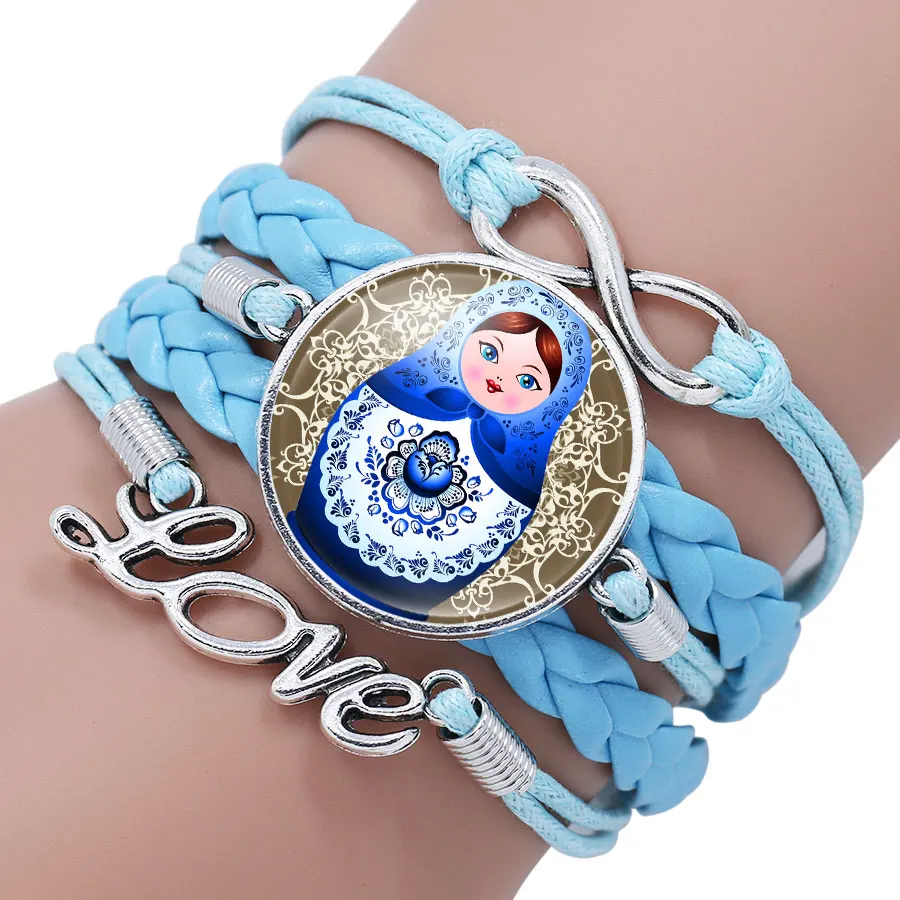 

New Russian Matryoshka Babushka Nesting Dolls Picture Glass Cabochon Leather Charm Bracelet Bangle For Girls