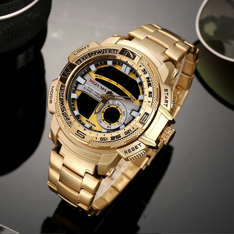 cool big case golden steel band bracelet quartz watches for men led digtial sports watches mens wristwatches dual time zones military style clock man free shipping (19)