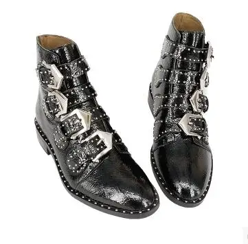 

2017 new fashion black leather woman ankle boots round toe studded riding boots thick heels short boots for woman