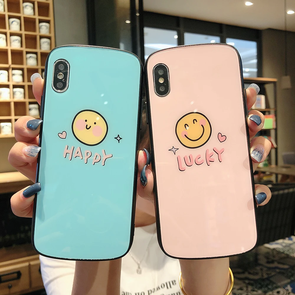 

LISM Lucky Happy Smile Shield Oval Tempered Glass Phone Case Cover For iPhone 6 6S 7 8 Plus X XR XS Max Anti-knock Protector