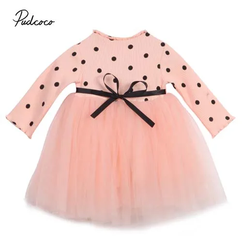 Pudcoco/ г. Платье для новорожденных девочек платье принцессы с длинными рукавами, трикотажное платье-пачка из тюля в горошек осенняя одежда 0-4T - Цвет: Розовый