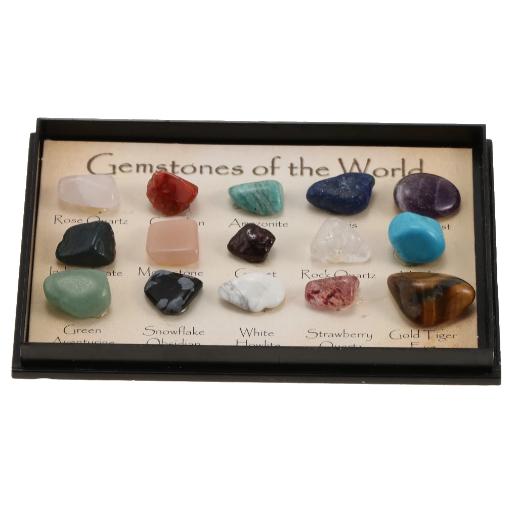 Rock & Mineral Collection Mixed Gemstone Crystals Natural Mineral Ore Specimens with Box, Earth Science Toy - Pack Of 15
