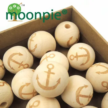 20mm wood round ball bead anchor shaped burnt engrave diy accessory wooden craft for teether boy ocean EA143