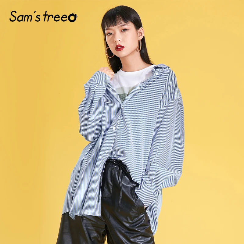 

Samstree Blue Striped Patchwork Minimalist Style Women Shirts 2019 Autumn Full Sleeve Fashion Two Pieces Casual Office Lady Tops
