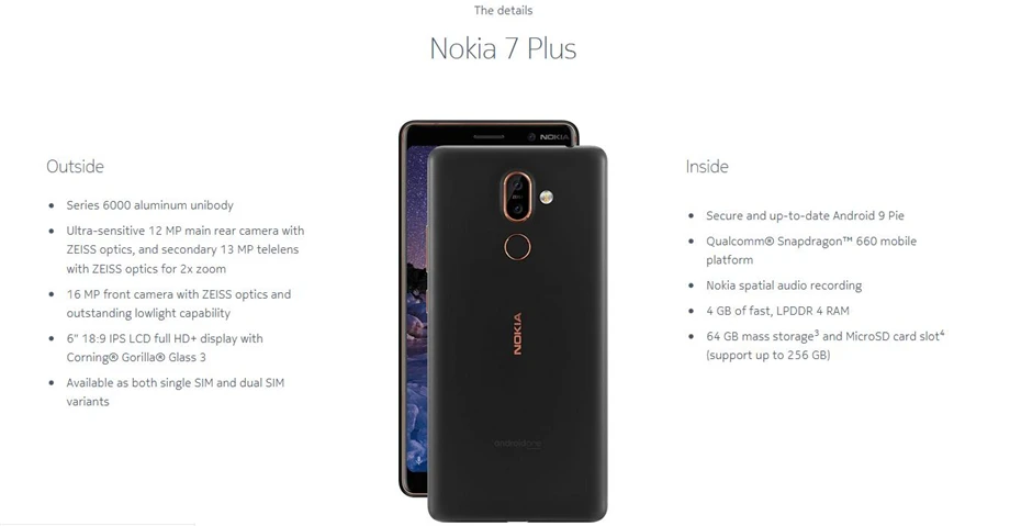 Nokia 7 Plus,, Android, мобильный телефон, четыре ядра, 4G LTE, 6,0 '', 4 Гб ram, 64 ГБ rom, две sim-карты, две тыловые камеры, отпечаток пальца, NFC