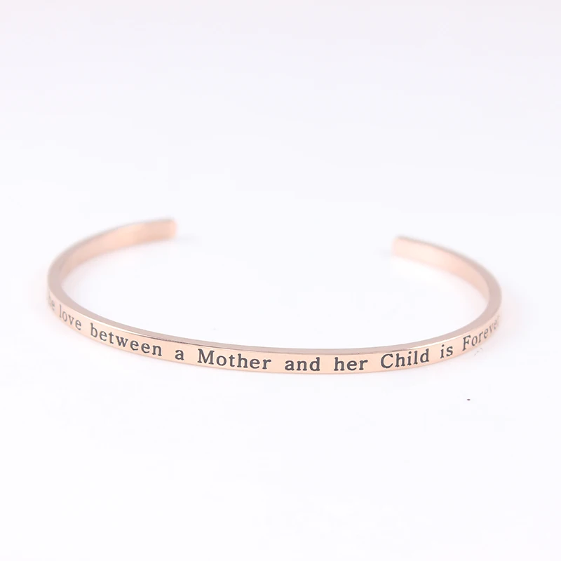 

The Love Between a Mother and her Child is Forever Stainless Steel Rose Gold Bar Bangle Inspirational Quote Cuff Mantra Bracelet