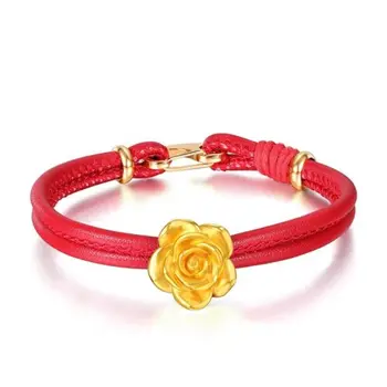 

New 24K Yellow Gold 3D Rose Beads Red Leather Bracelet 16.5cm L