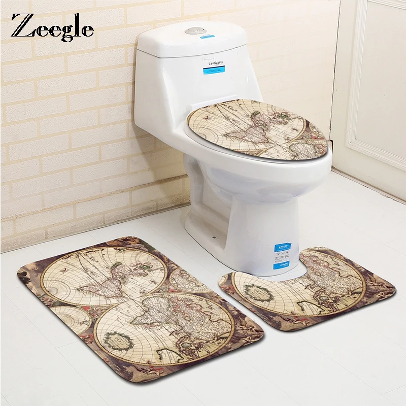 Zeegle 3pcs/set World Map Printed Bathroom Carpet Set Non-Slip Toilet Rug Lid Cover Bath Mats Pad Home Decor | Дом и сад