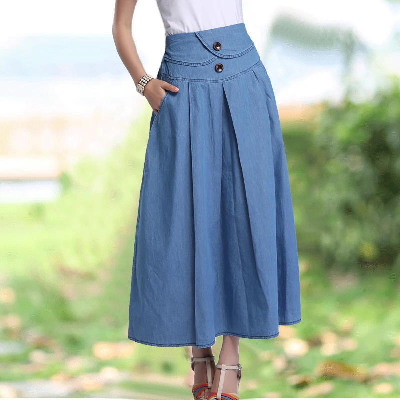 

Free Shipping 2015 New Fashion Summer Style Women Elastic High Waist Denim Jeans Skirt Casual Cotton A-line Long Maxi Skirts L