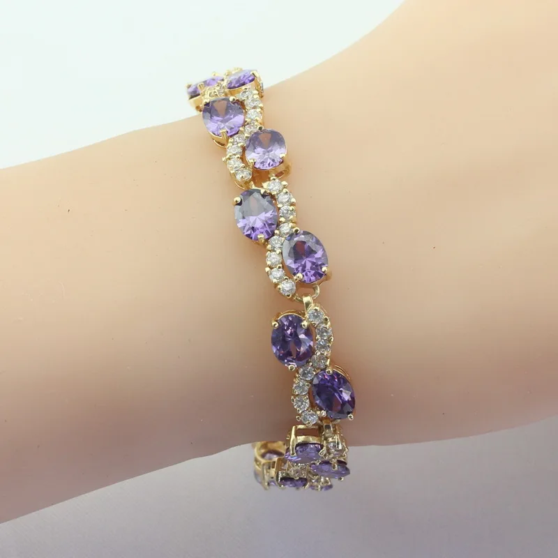 Золотой Цвет Ювелирные наборы для женщин Свадебные фиолетовые камни CZ браслет серьги ожерелье кулон кольца подарочная коробка WPAITKYS