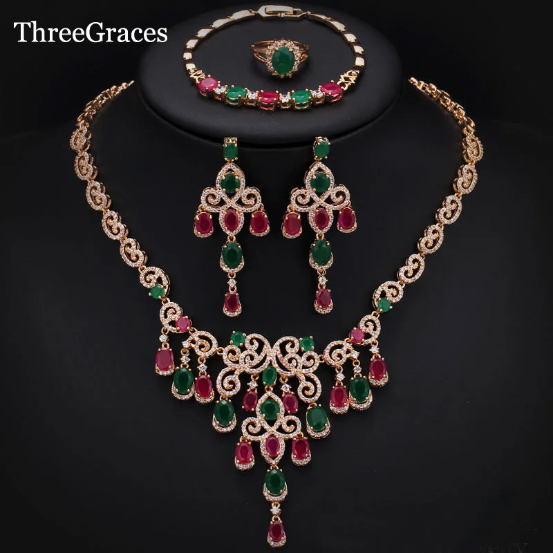

ThreeGraces Dubai Gold Color Jewellry Red Green Crystal Statement Necklace Earrings 4 Piece Jewelry Sets For Wedding JS183