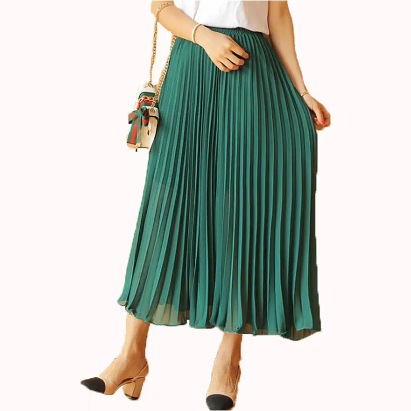 

Women' Midi Pleated Skirt Solid Lady Vintage Chiffon Femme Skirt For Summer Women School Skirts High Waist Candy Color