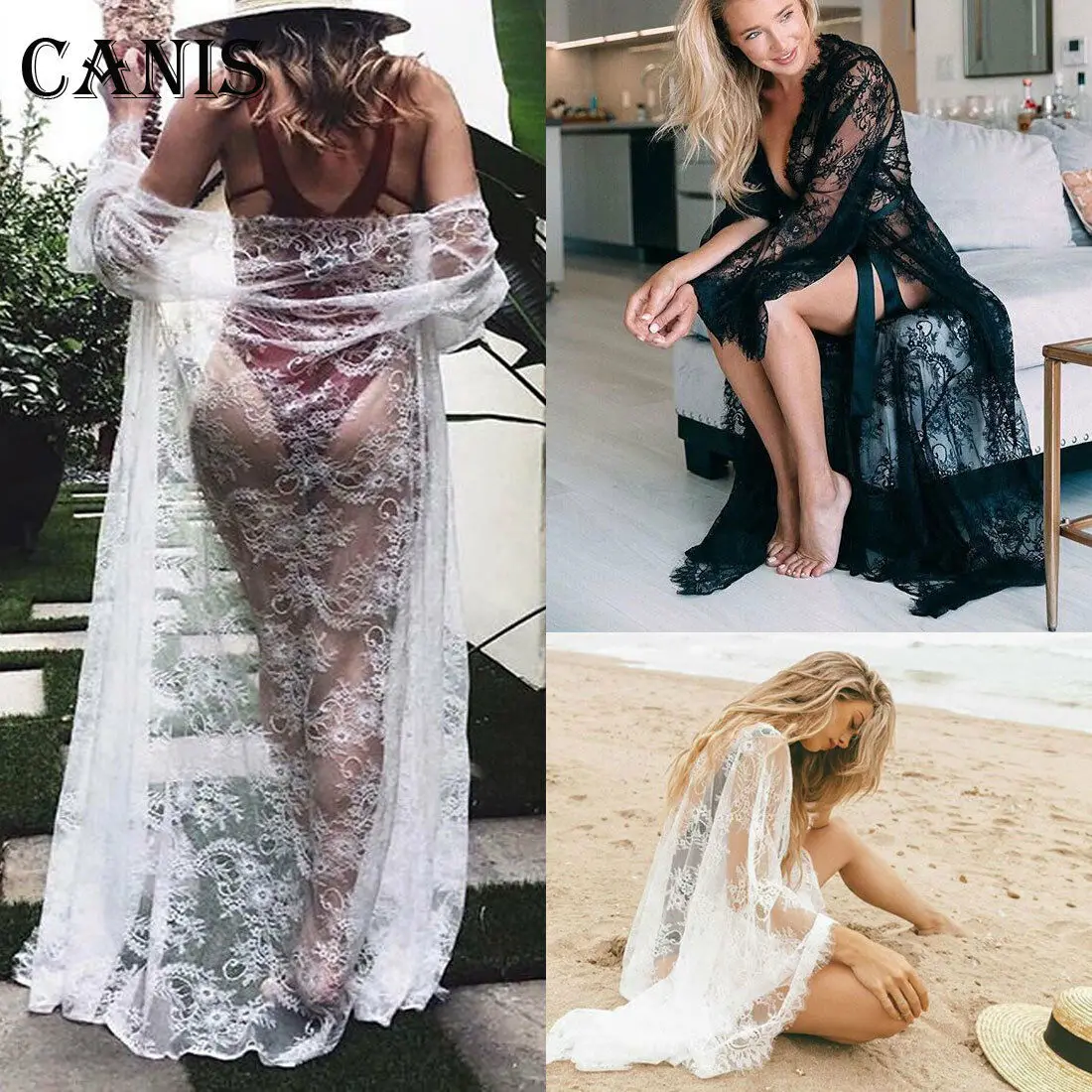 Summer Women Swimsuit Beach Cover-Ups Lace Kimono Blouse Coat Boho Casual Cardigan Bikini Cover Up Dress Female Bathing Suit 4