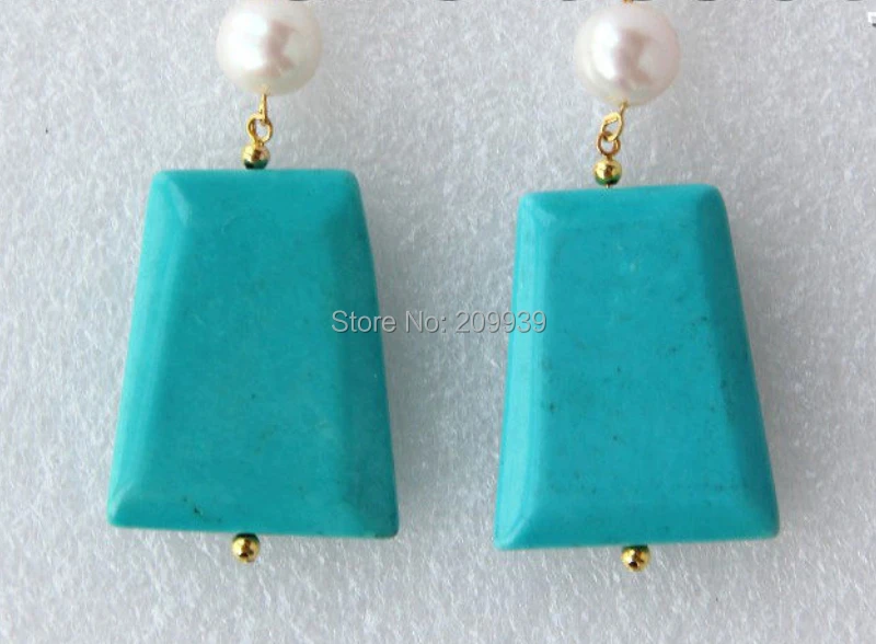 

hj 00250 stunning big 33mm baroque blue turquoise white pearls dangle earrings 14K
