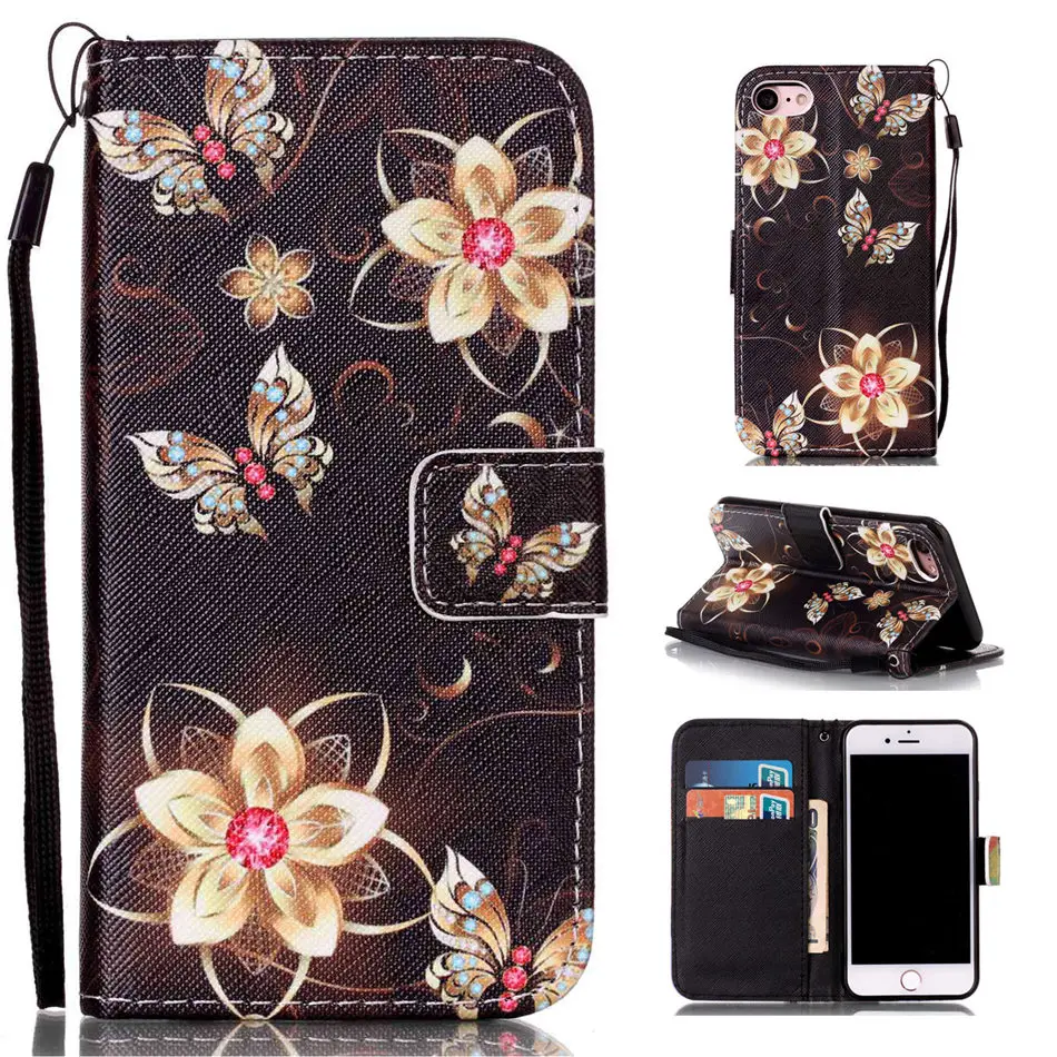 Чехол для Apple iPhone 8, 7, 6s Plus, SE, 5, 5S чехол для телефона из искусственной кожи с рисунком цветка, бабочки, совы, раскрашенный чехол, флип-кошелек, сумка P03Z