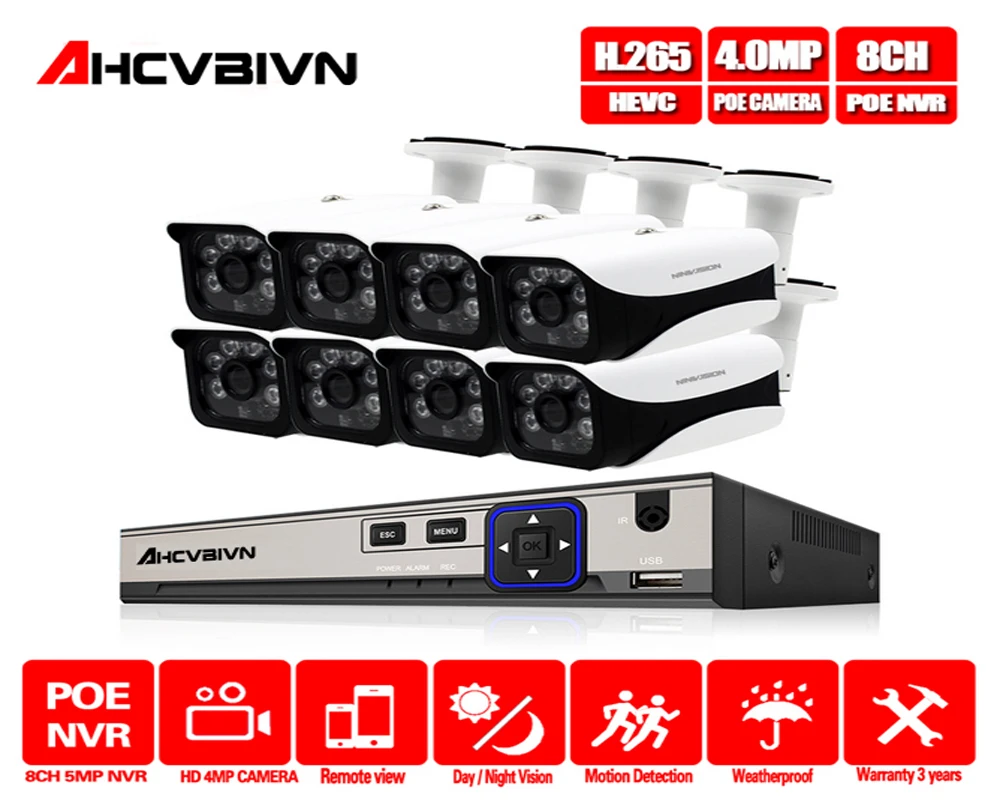 

AHCVBIVN H.265 8CH 5MP POE NVR System With 8pcs 4MP Onvif POE IP security CCTV Camera with HD cctv surveillance camera kit