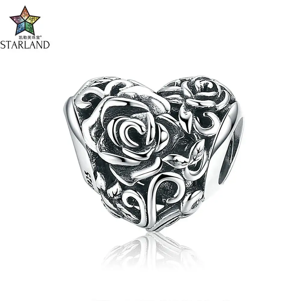 

XINHUI Romantic New 925 Sterling Silver Rose Flower Engrave Heart Beads fit Charm Bracelets & Bangles DIY Jewelry Making