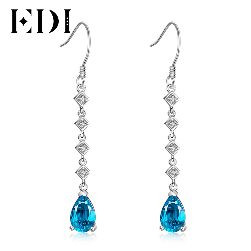 

EDI Women Luxury 925 Sterling Silver 5*8mm Natural Blue Topaz Long Water Drop Earrings Jewelry Pear Gemstone Fashion Jewelry