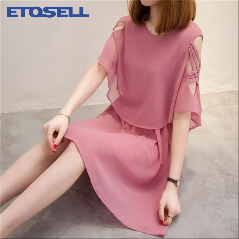 

ETOSELL Women Casual Chiffon Dress Work Lady Knee Length Loose Lovely Dresses Off shoulder Irregular Half Sleeve Vestidoes