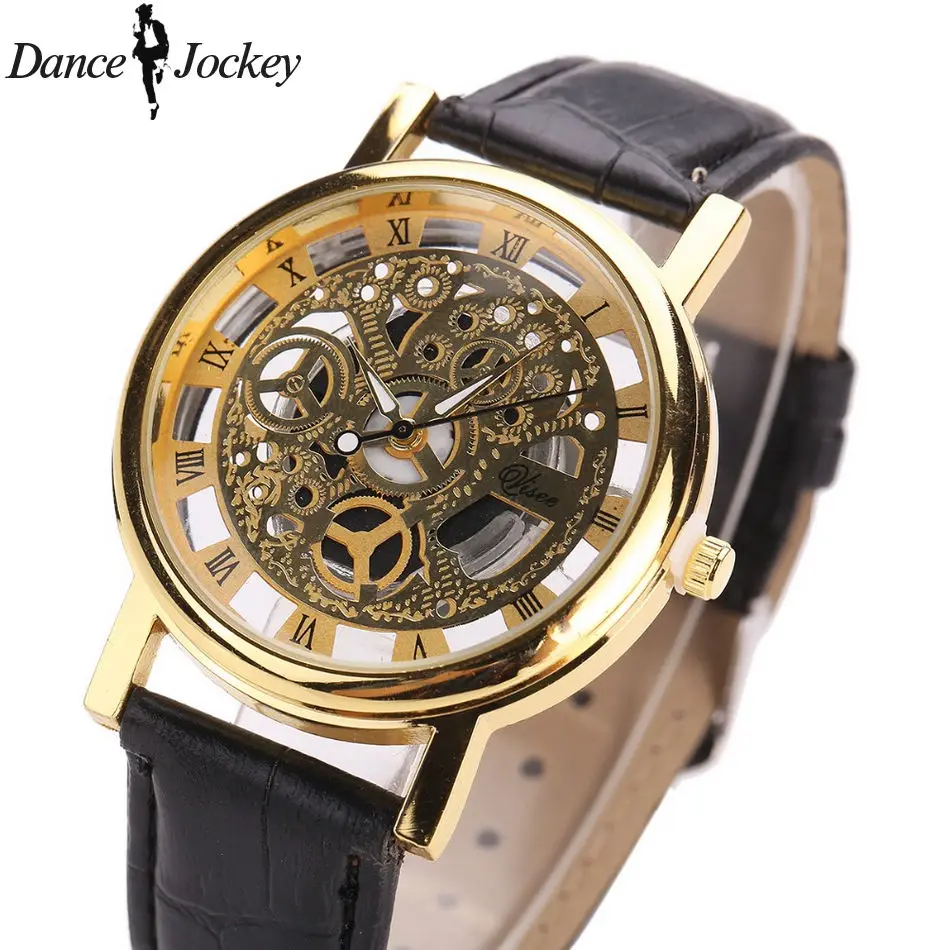 Новые золотые часы люксовый бренд Мужские Модные полые часы высокого качества кожаные часы мужские часы