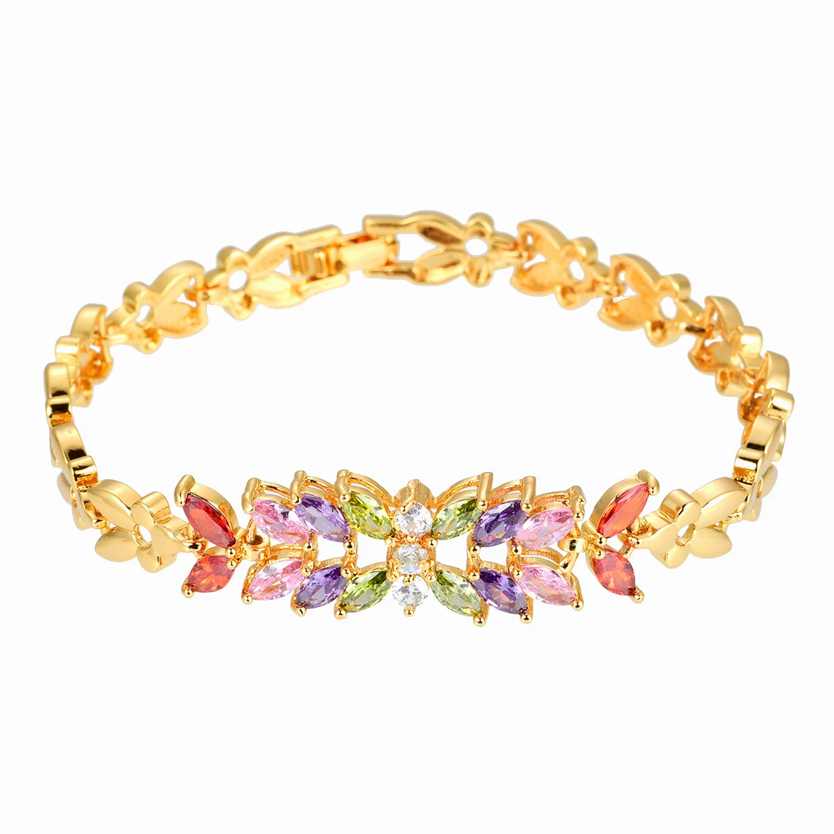 

Fashion Gold Color Rainbow Cubic Zirconia CZ Flower Charm Bracelet for Women