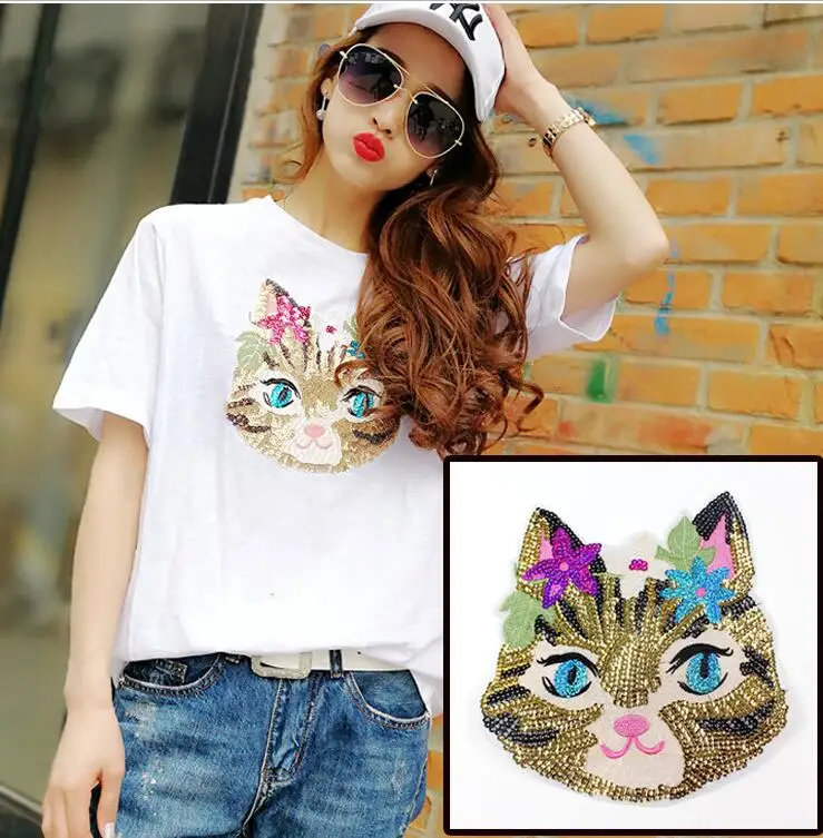 

2017 NEW cat Sequined Embroidered Sew On Patches for clothes DIY Coat Sweater T shirt Clothing Sequins Patch Applique