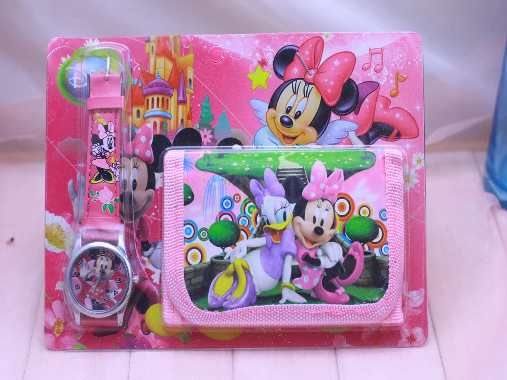 New Children Cartoon Wallet Watch Set Minnie Watches Students Birthday Gifts Quartz Leather Clock