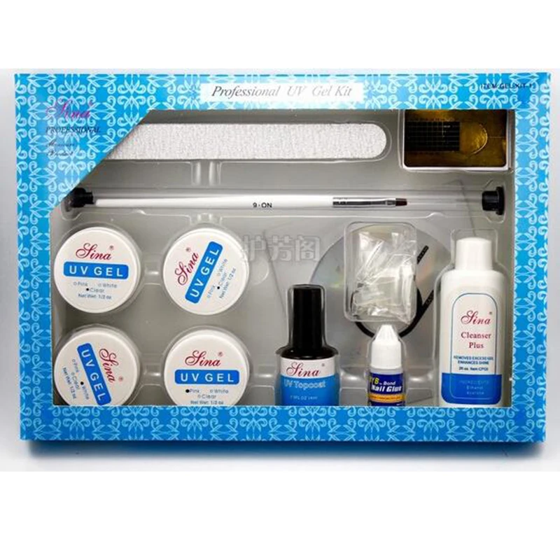 

1pc nail extension set ( top coat, uv builder, nail tips,brush, glue, file, form, cleanser ) uv gel nail kit /set for learner
