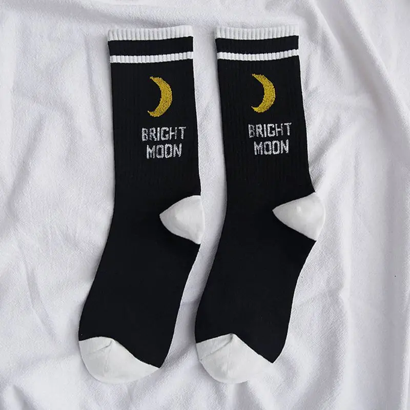 Мужские и женские носки в стиле Харадзюку, в стиле хип-хоп, с эластичными ребрами, длинные носки с надписью «Луна», в полоску, хлопковые носки с принтом