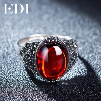 

EDI Retro Vintage 925 Sterling Silver Garnet Chalcedony Jade Resizable Rings Finger Female Romantic Jewelry For Women