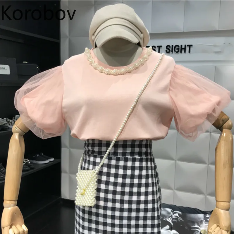 

Korobov Summer New Arrival Mesh Patchwork Puff Sleeve T-Shirt Pearls Beading Korean T Shirt Women O Neck Elegant Tee Femme 78033