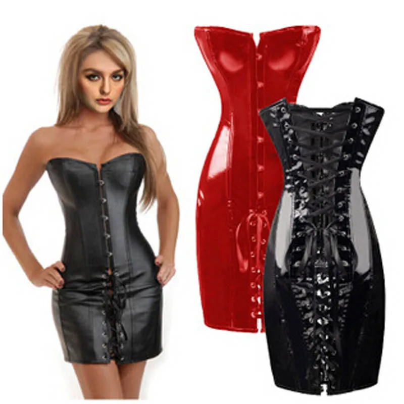 FeelinGirl 2018 Black Long Leather Corset Sexy Gothic Corset Dress Shiny PVC Leather Boned Bustier top Lace Clubwear Corselet -B