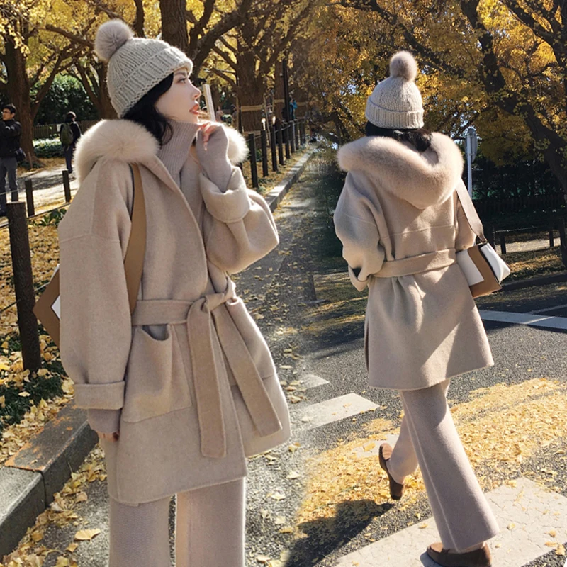 

Women'S Wool Coats 100% Double Side Wool Big Fox Fur Collar Overcoat Slim And Thin 2019 Fashion Winter Long Cashmere Outerwear