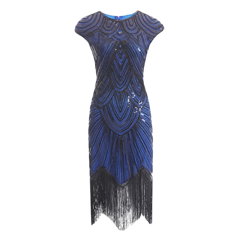 Женские винтажные вечерние платья в стиле Грейт Гэтсби, с v-образным вырезом, с рукавом, с блестками, с бахромой, миди, летние платья, украшенные в стиле арт-деко, 1920s - Цвет: Black-Blue
