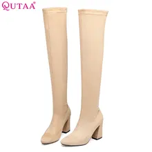 QUTAA/ г. Женские ботфорты зимняя обувь на высоком каблуке в форме копыта женские зимние сапоги черного цвета с острым носком без застежки размеры 34-43