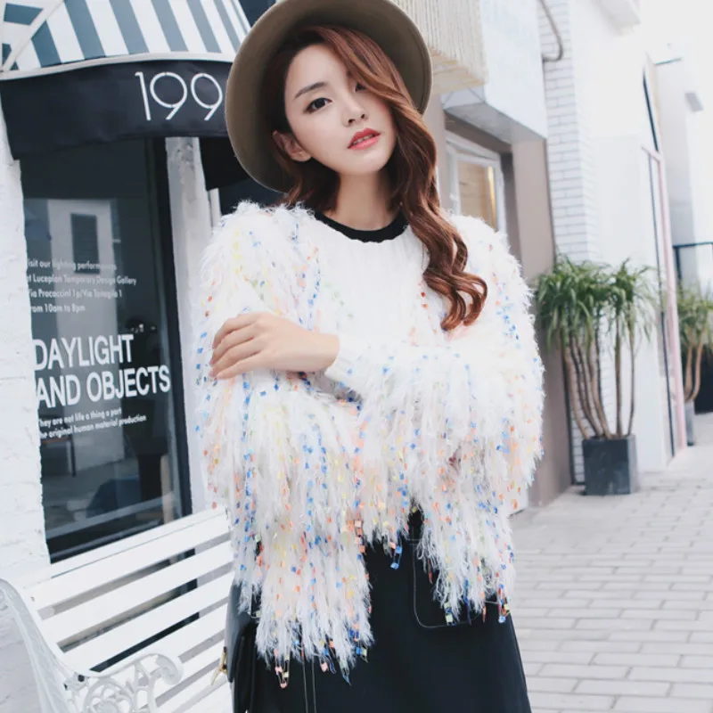 

Rainbow Sequins fringed sweater knitted jacket Tassels Cardigan Handmade Mixed Color Fringed velvet fluffy Loose Coat Outwear