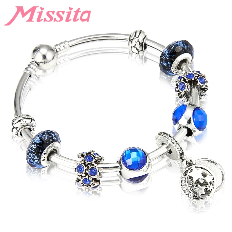 

MISSITA Fashion Star Pendant Bangle with Blue Glass beads for Women Bracelet Brand Luxury Jewelry Anniversary Girlfriend Gift