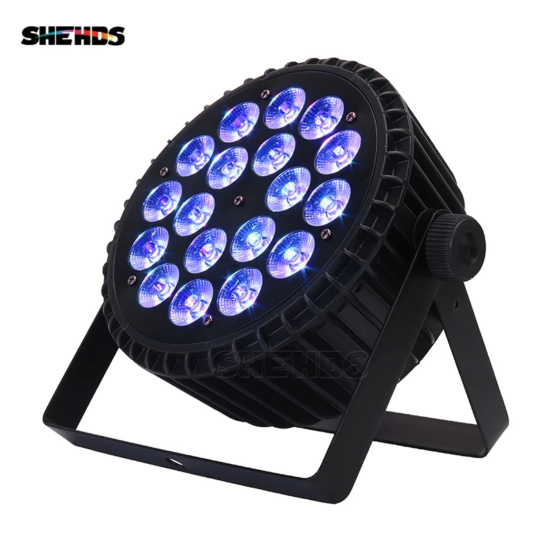 Baratos SHEHDS aleación de aluminio LED plano Par 18x18W RGBWA luz UV inalámbrico DMX 512 iluminación de escenario para DJ Disco fiesta proyector club nocturno