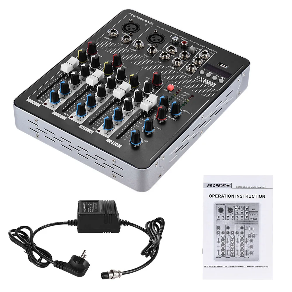 

Hot Sale Mixer Console 4-Channel Mic Line Audio Mixing Console with 3-band EQ 48V Phantom Power USB Interface
